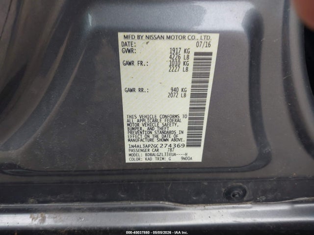 Aukcja sprzedaży 2016 Nissan Altima 2.5 S, vin: 1N4AL3AP2GC274369, numer aukcji: 45037880