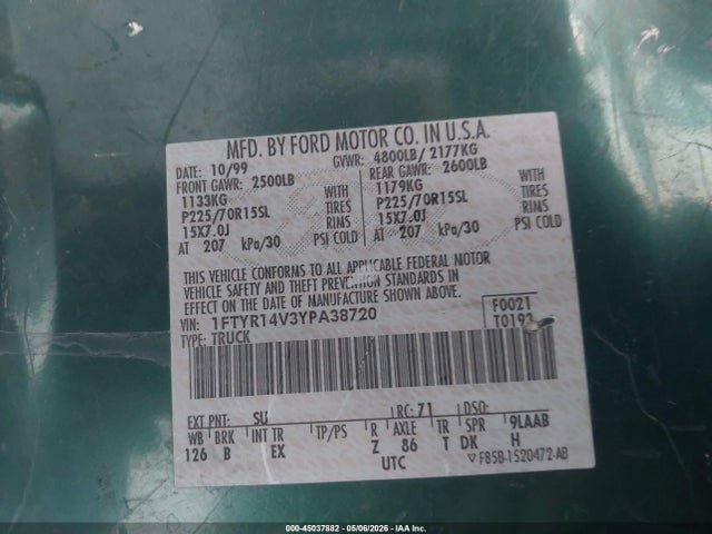 Aukcja sprzedaży 2000 Ford Ranger Xl/xlt, vin: 1FTYR14V3YPA38720, numer aukcji: 45037882