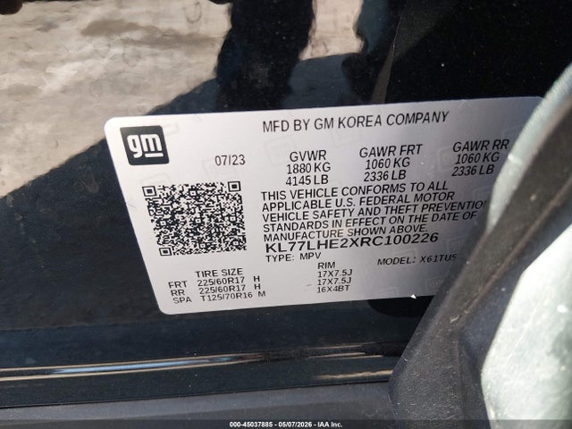 Aukcja sprzedaży 2024 Chevrolet Trax Fwd Lt, vin: KL77LHE2XRC100226, numer aukcji: 45037885