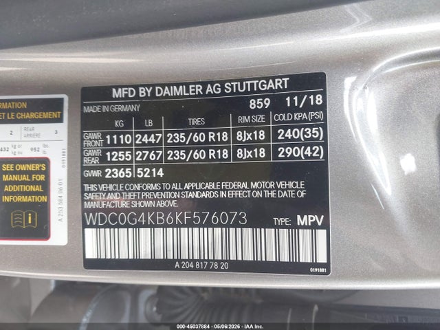 Auction sale of the 2019 Mercedes-benz Glc 300 4matic, vin: WDC0G4KB6KF576073, lot number: 45037884