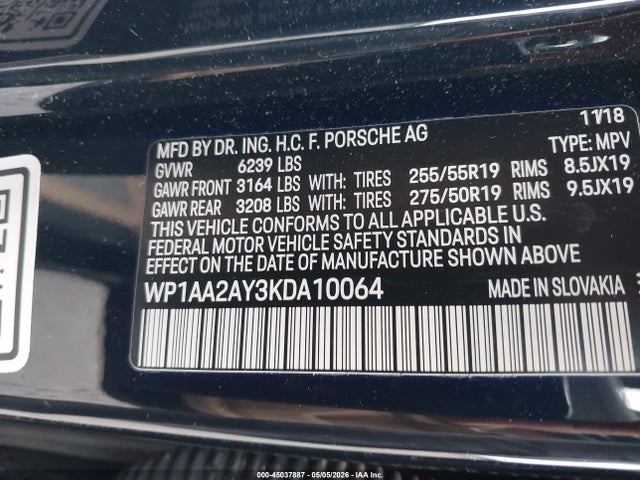 2019 Porsche Cayenne მანქანა იყიდება აუქციონზე, vin: WP1AA2AY3KDA10064, აუქციონის ნომერი: 45037887