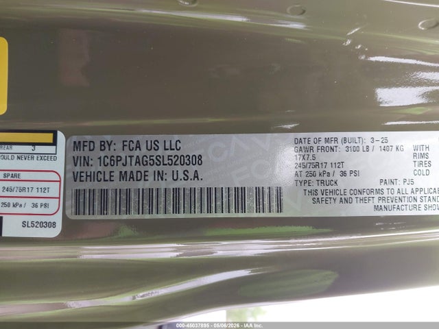 2025 Jeep Gladiator Sport S მანქანა იყიდება აუქციონზე, vin: 1C6PJTAG5SL520308, აუქციონის ნომერი: 45037895