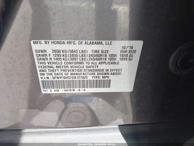 2016 Honda Pilot Ex-l მანქანა იყიდება აუქციონზე, vin: 5FNYF6H57GB127022, აუქციონის ნომერი: 45037906