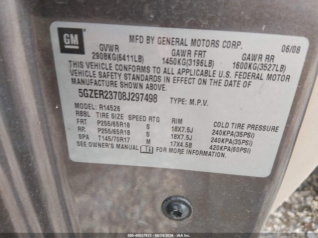 Auction sale of the 2008 Saturn Outlook Xr, vin: 5GZER23708J297498, lot number: 45037922