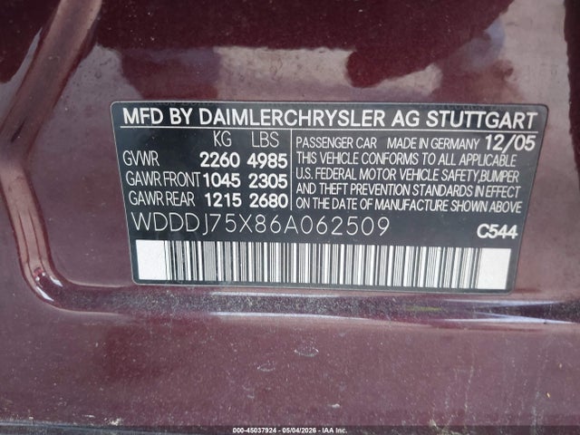 Aukcja sprzedaży 2006 Mercedes-benz Cls 500, vin: WDDDJ75X86A062509, numer aukcji: 45037924