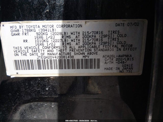 Aukcja sprzedaży 2002 Toyota Rav4, vin: JTEGH20V420081498, numer aukcji: 45037930