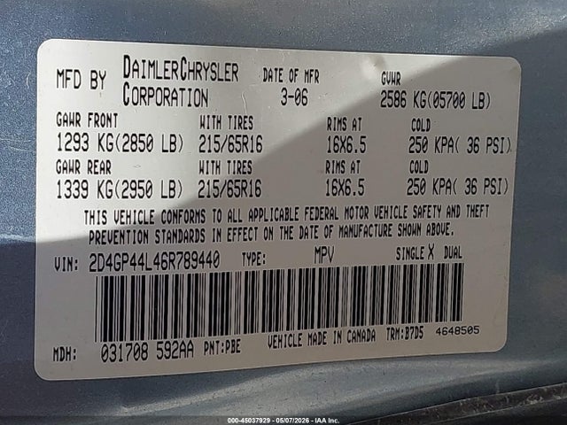 Продаж на аукціоні авто 2006 Dodge Grand Caravan Sxt, vin: 2D4GP44L46R789440, номер лоту: 45037929
