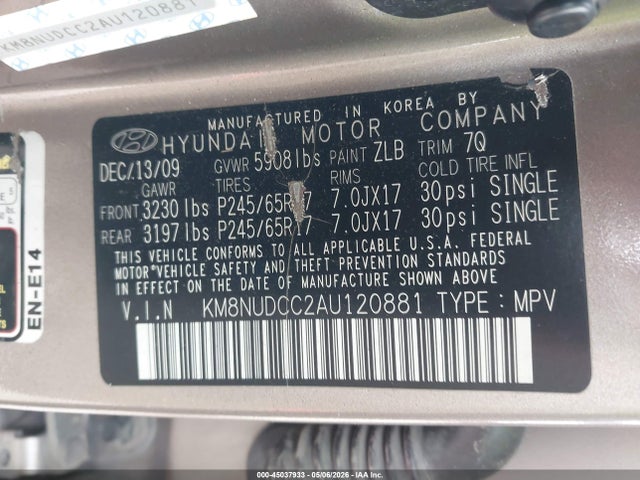 45037933 :رقم المزاد ، KM8NUDCC2AU120881 vin ، 2010 Hyundai Veracruz Gls مزاد بيع