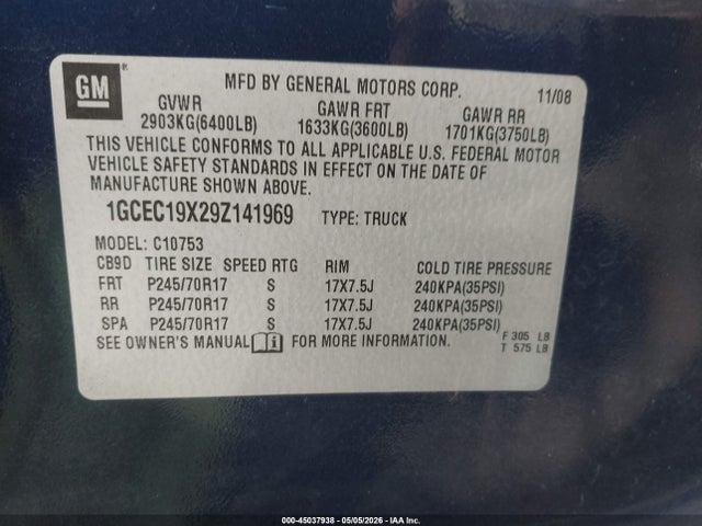 Aukcja sprzedaży 2009 Chevrolet Silverado 1500 Work Truck, vin: 1GCEC19X29Z141969, numer aukcji: 45037938