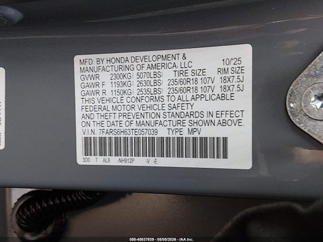 45037939 :رقم المزاد ، 7FARS6H63TE057039 vin ، 2026 Honda Cr-v Hybrid Awd Trailsport مزاد بيع