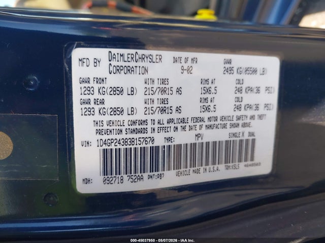 45037950 :رقم المزاد ، 1D4GP24383B157670 vin ، 2003 Dodge Grand Caravan Se مزاد بيع