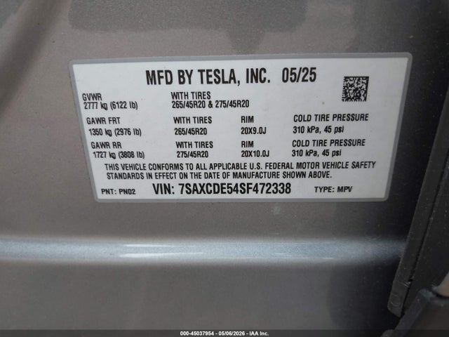 Auction sale of the 2025 Tesla Model X Long Range, vin: 7SAXCDE54SF472338, lot number: 45037954
