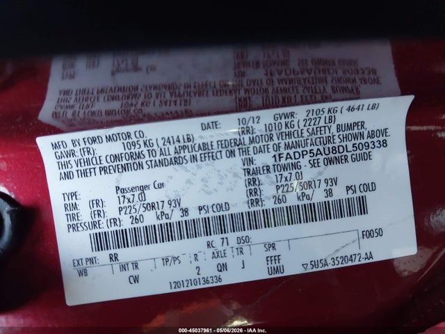 45037961 :رقم المزاد ، 1FADP5AU8DL509338 vin ، 2013 Ford C-max Hybrid Se مزاد بيع