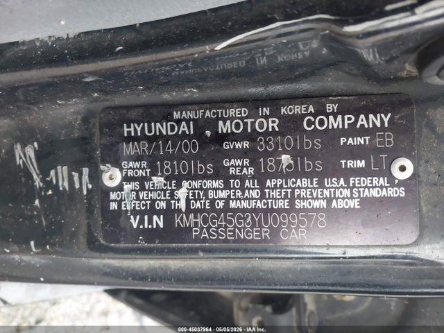 Aukcja sprzedaży 2000 Hyundai Accent Gl, vin: KMHCG45G3YU099578, numer aukcji: 45037964