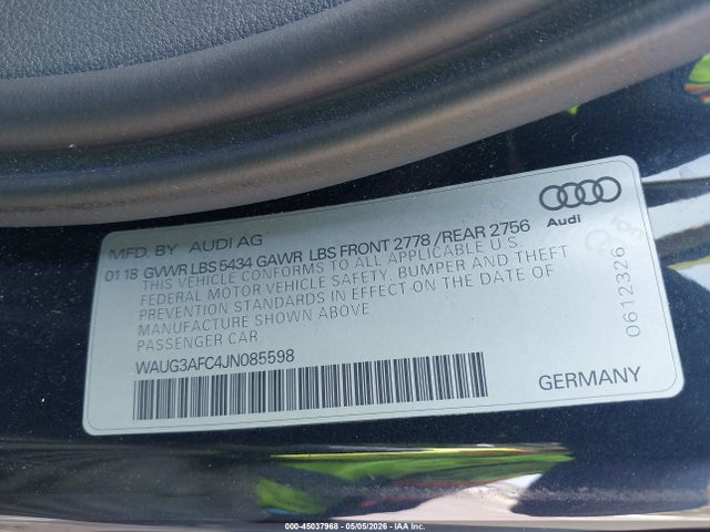 45037968 :رقم المزاد ، WAUG3AFC4JN085598 vin ، 2018 Audi A6 Premium Plus مزاد بيع