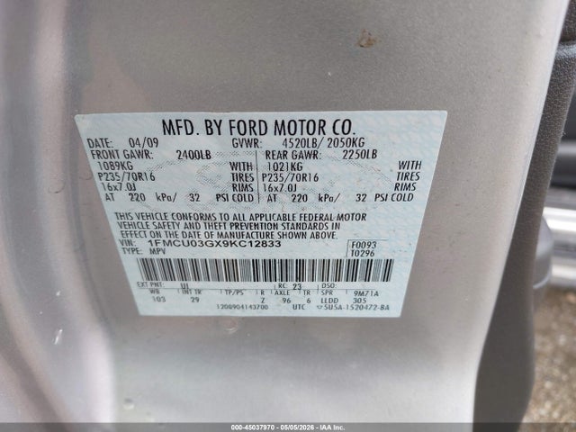 Продажа на аукционе авто 2009 Ford Escape Xlt, vin: 1FMCU03GX9KC12833, номер лота: 45037970