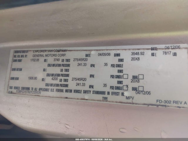 Aukcja sprzedaży 2006 Chevrolet Express Upfitter, vin: 1GBFG15T661235539, numer aukcji: 45037974