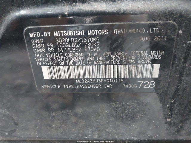 Aukcja sprzedaży 2015 Mitsubishi Mirage De, vin: ML32A3HJ3FH010118, numer aukcji: 45037975