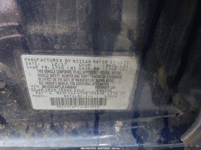 Продаж на аукціоні авто 2018 Nissan Versa 1.6 Sv, vin: 3N1CN7AP7JL845843, номер лоту: 45037976