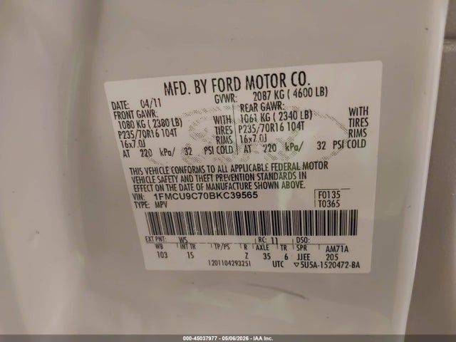 Aukcja sprzedaży 2011 Ford Escape Xls, vin: 1FMCU9C70BKC39565, numer aukcji: 45037977