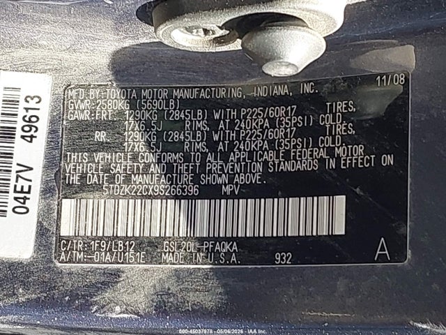 Продажа на аукционе авто 2009 Toyota Sienna Xle, vin: 5TDZK22CX9S266396, номер лота: 45037978