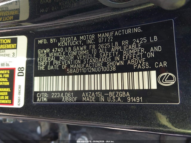 45037979 :رقم المزاد ، 58AD11D12NU010038 vin ، 2022 Lexus Es 250 مزاد بيع