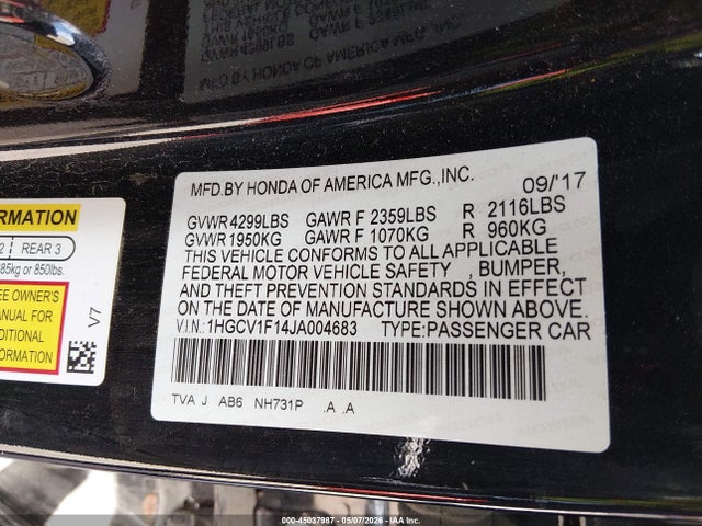 2018 Honda Accord Lx მანქანა იყიდება აუქციონზე, vin: 1HGCV1F14JA004683, აუქციონის ნომერი: 45037987