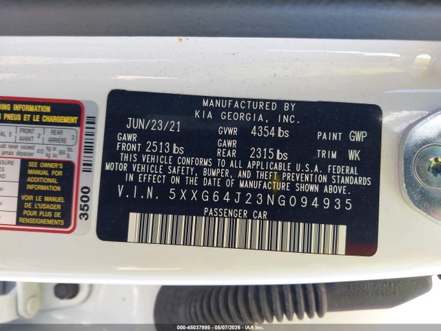 Aukcja sprzedaży 2022 Kia K5 Gt-line, vin: 5XXG64J23NG094935, numer aukcji: 45037995