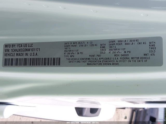 Aukcja sprzedaży 2022 Jeep Wrangler Unlimited Sahara 4x4, vin: 1C4HJXEG0NW101171, numer aukcji: 45037996