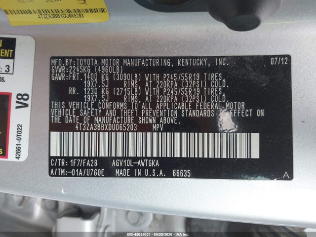 45038001 :رقم المزاد ، 4T3ZA3BBXDU065203 vin ، 2013 Toyota Venza Le مزاد بيع
