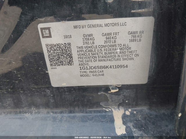 Продаж на аукціоні авто 2019 Chevrolet Sonic Lt Auto, vin: 1G1JD6SB6K4110954, номер лоту: 45038002