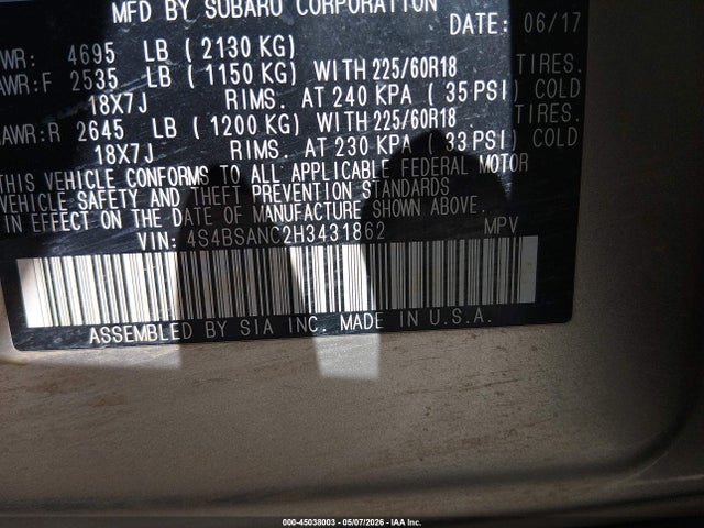 4S4BSANC2H3431862 Subaru Outback 2.5i Limited