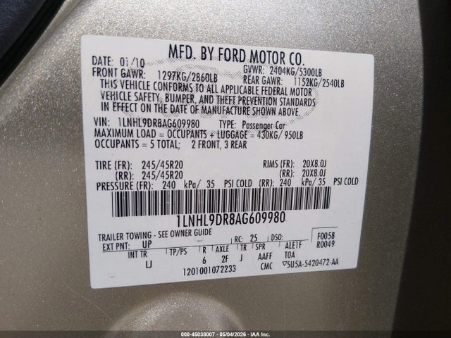 45038007 :رقم المزاد ، 1LNHL9DR8AG609980 vin ، 2010 Lincoln Mks مزاد بيع