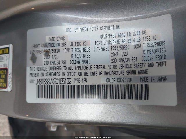 Aukcja sprzedaży 2009 Mazda Cx-9 Grand Touring, vin: JM3TB38VX90165132, numer aukcji: 45038008