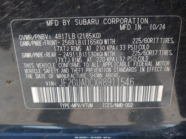 Aukcja sprzedaży 2024 Subaru Crosstrek Premium, vin: JF2GUADCXR8911546, numer aukcji: 45038011