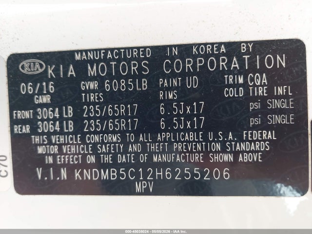 Aukcja sprzedaży 2017 Kia Sedona Lx, vin: KNDMB5C12H6255206, numer aukcji: 45038024
