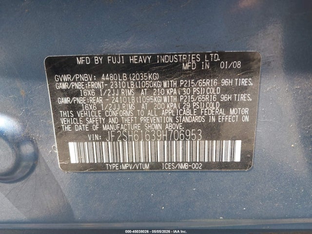 2009 Subaru Forester 2.5x მანქანა იყიდება აუქციონზე, vin: JF2SH61639H706953, აუქციონის ნომერი: 45038026