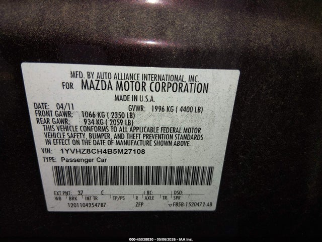 Продаж на аукціоні авто 2011 Mazda Mazda6 I Grand Touring, vin: 1YVHZ8CH4B5M27108, номер лоту: 45038030