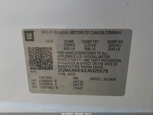 2GNAXKEX3J6325579 Chevrolet EQUINOX LT