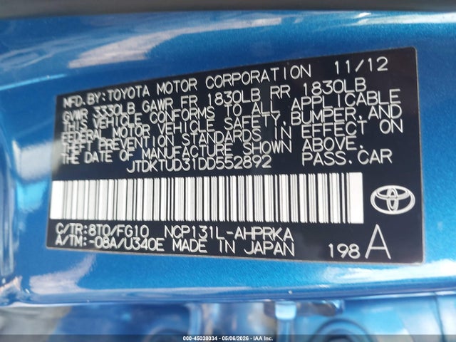 Aukcja sprzedaży 2013 Toyota Yaris L, vin: JTDKTUD31DD552892, numer aukcji: 45038034