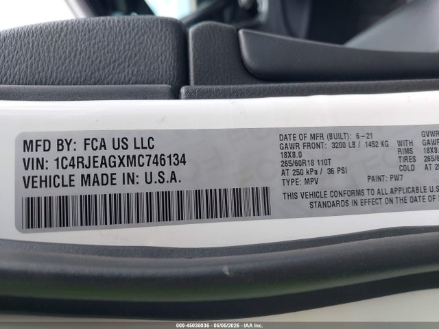 45038036 :رقم المزاد ، 1C4RJEAGXMC746134 vin ، 2021 Jeep Grand Cherokee Laredo X 4x2 مزاد بيع