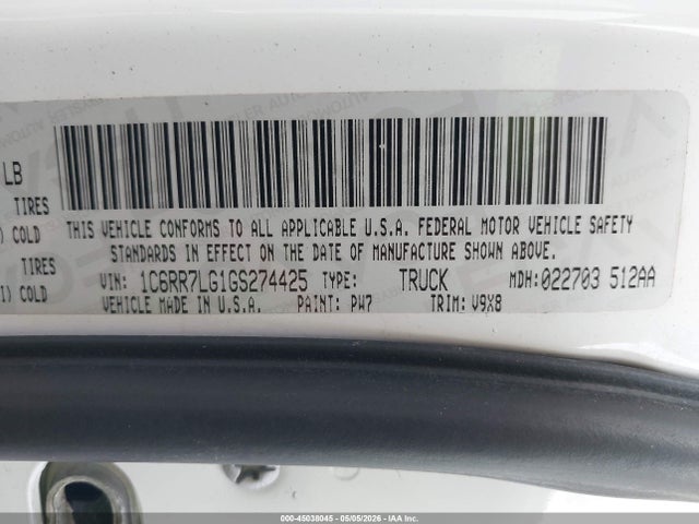 45038045 :رقم المزاد ، 1C6RR7LG1GS274425 vin ، 2016 Ram 1500 Slt مزاد بيع