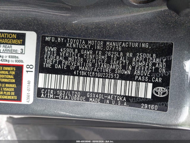 Продажа на аукционе авто 2016 Toyota Avalon Touring, vin: 4T1BK1EB1GU232513, номер лота: 45038046