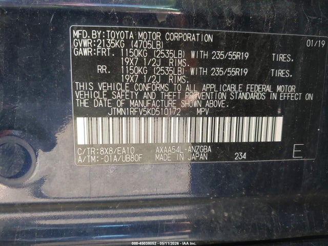 2019 Toyota Rav4 Limited მანქანა იყიდება აუქციონზე, vin: JTMN1RFV5KD510172, აუქციონის ნომერი: 45038052