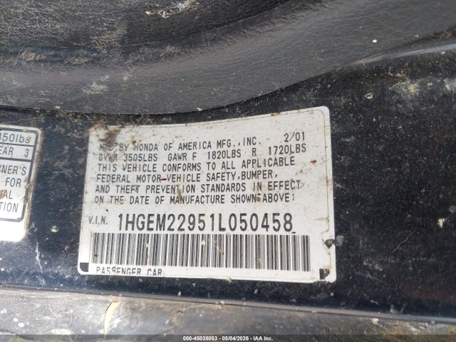 2001 Honda Civic Ex მანქანა იყიდება აუქციონზე, vin: 1HGEM22951L050458, აუქციონის ნომერი: 45038053