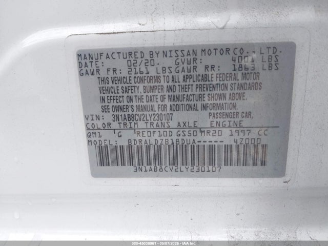 Продаж на аукціоні авто 2020 Nissan Sentra Sv Xtronic Cvt, vin: 3N1AB8CV2LY230107, номер лоту: 45038061