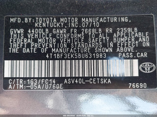 Aukcja sprzedaży 2011 Toyota Camry Se, vin: 4T1BF3EK5BU631983, numer aukcji: 45038069