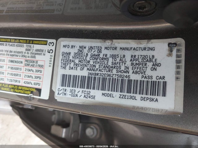 Продаж на аукціоні авто 2006 Toyota Corolla S, vin: 1NXBR32E96Z758246, номер лоту: 45038073