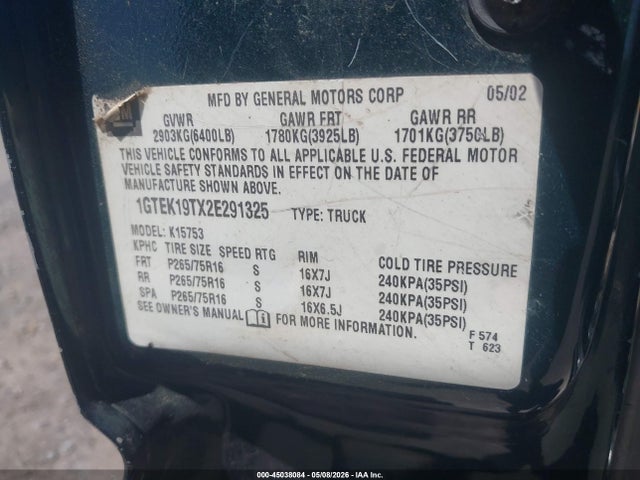 2002 Gmc Sierra 1500 Sle მანქანა იყიდება აუქციონზე, vin: 1GTEK19TX2E291325, აუქციონის ნომერი: 45038084