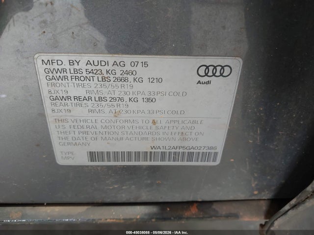 2016 Audi Q5 2.0t Premium მანქანა იყიდება აუქციონზე, vin: WA1L2AFP5GA027386, აუქციონის ნომერი: 45038088